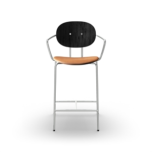 Sibast Furniture Piet Hein Barkrakk Krom med Armlener Sort Eik og Cognac Skinn