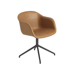 Muuto Fiber Spisestol med Armlener og Svingbar Base Skinntrukket Konjakk/ Sort