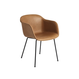 Muuto Fiber Spisestol med Armlener og Base Skinntrukket Konjakk/ Sort